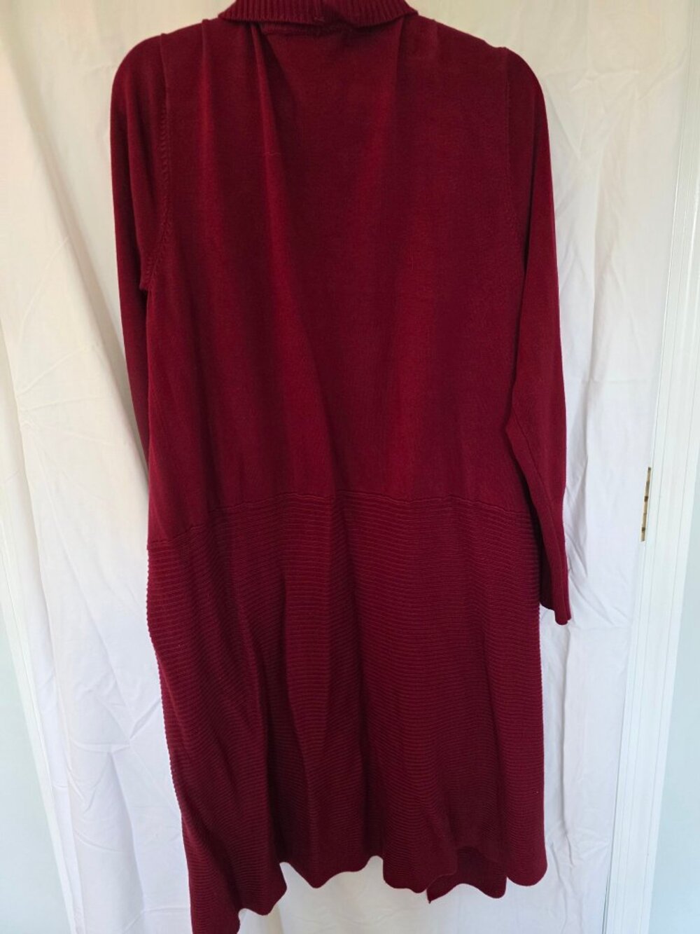 Joan Vass New York Burgundy Long Open Cardigan Zip Pockets Size L